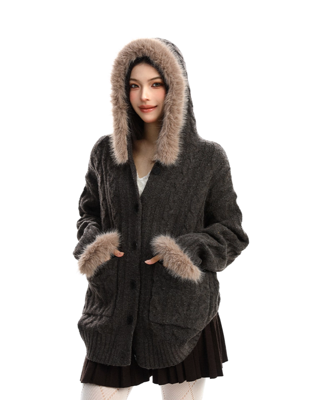 Fur Hood Loose Knit Cardigan BGS0028