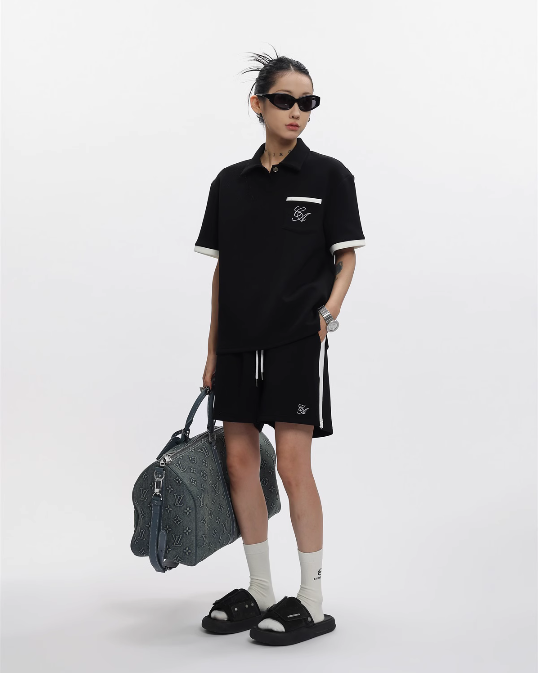 Black Polo Short Sleeve Tops / Shorts ACS0140