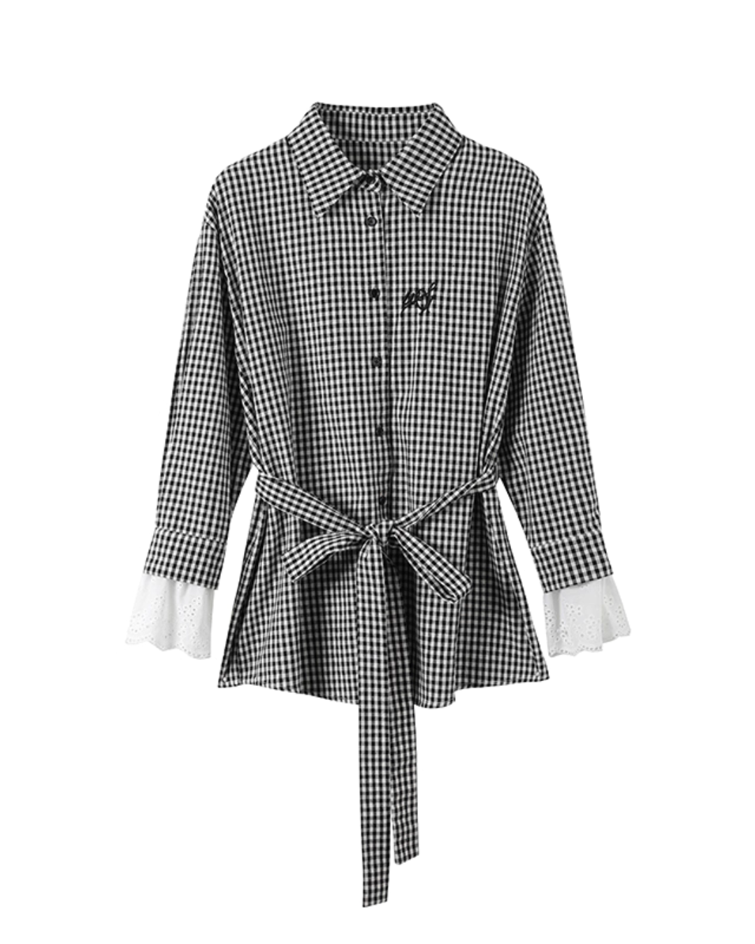 Black Grid Patchwork Lace Shirt / White Hollow Cake Long Skirt WEO0067