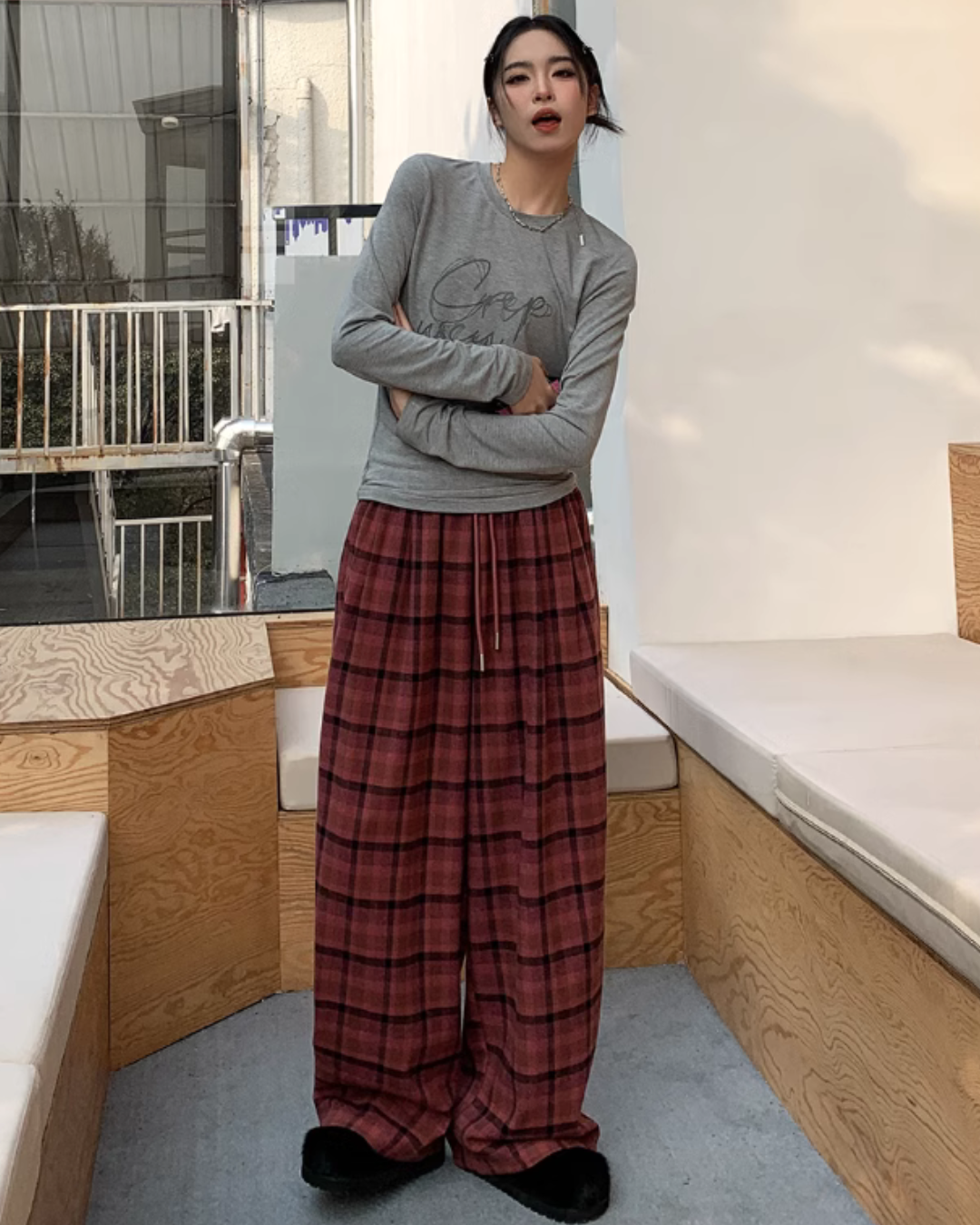 Plaid Straight Wide Pants SXI0011