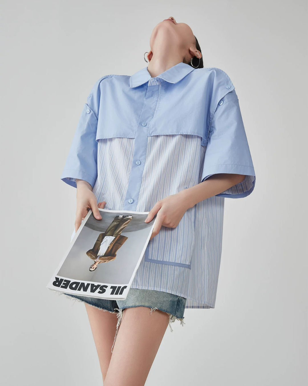 Blue Striped Patchwork Short-Sleeve Shirt FER0183