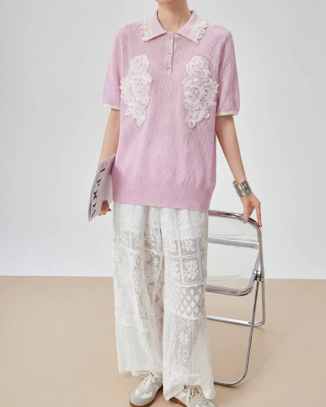 Sheer Short-Sleeve Polo Knit FER0261