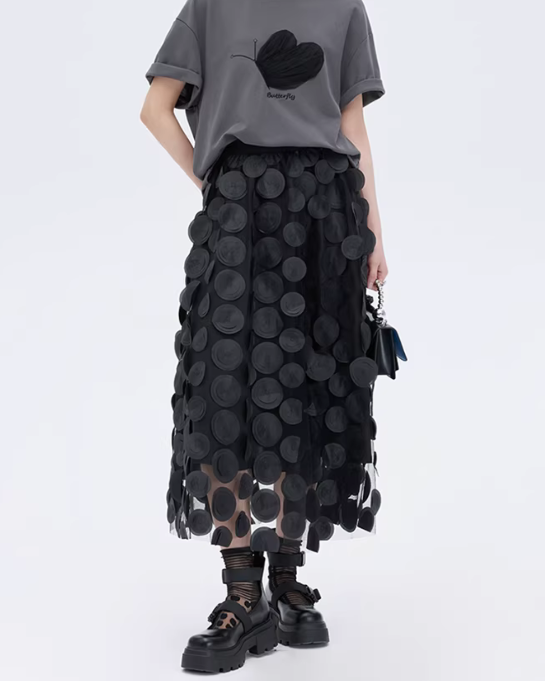 Patch Embroidered Flared Mesh Skirt SHN0003