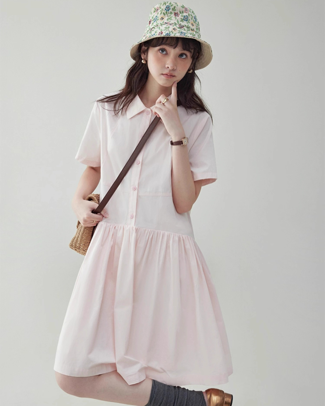 Relaxed Gathered Waist Cotton Dress AMU0027