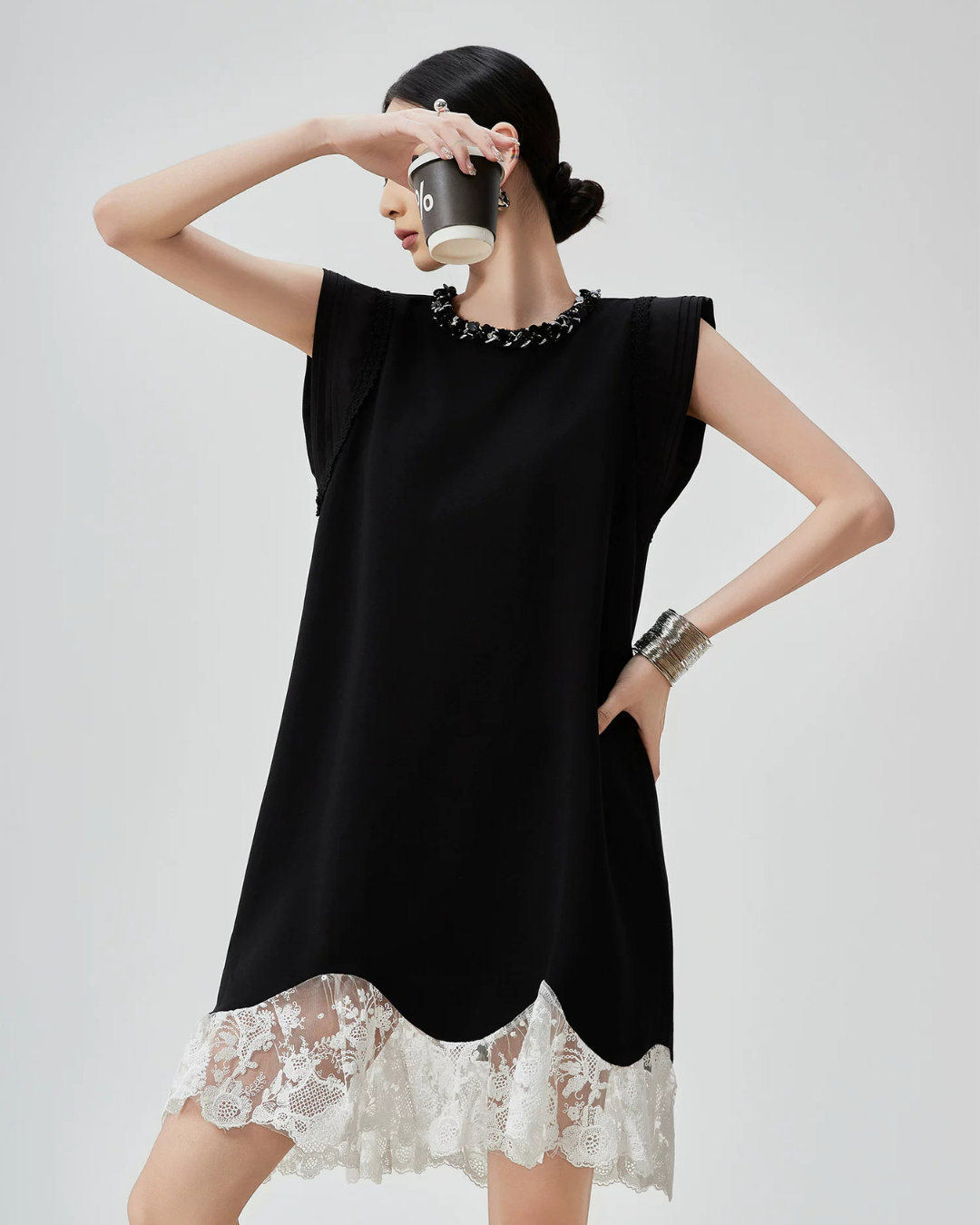 Lace Switching Asymmetry Dress FER0139