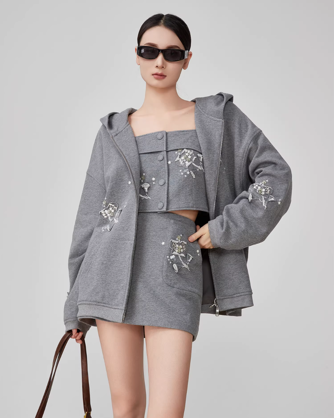 Flower Handmade Zip-Up Hoodie / Camisole / Mini Skirt FER0052