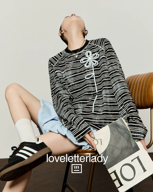 Black Striped 3D Blue Flower T-Shirt / Balloon Mini Skirt LLA0660