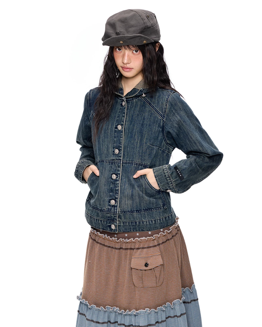 Washed Vintage Hoodie Denim Cardigan EZK0109