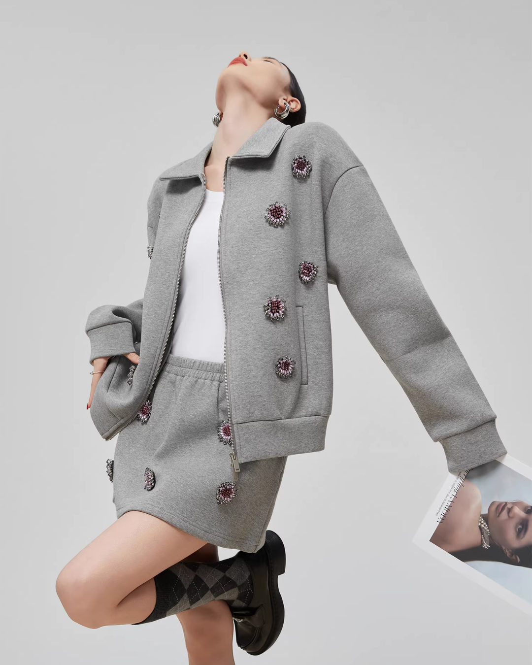 Gray Rhinestone Long-Sleeve Jacket / High-Waist Skirt FER0065