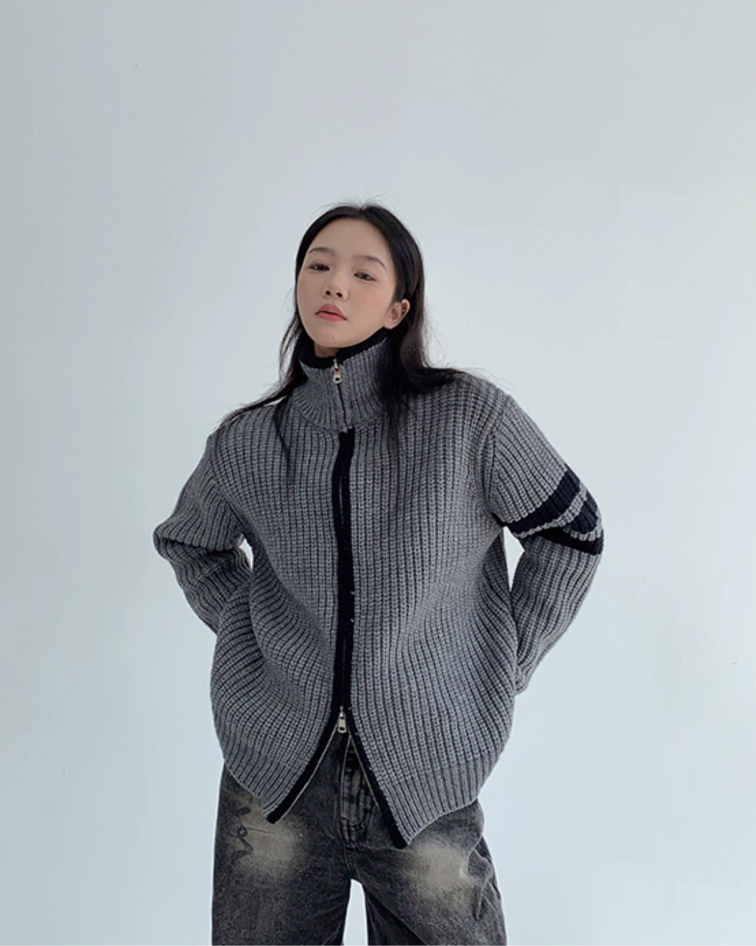 Stand Neck Double Zip Knit YLS0968