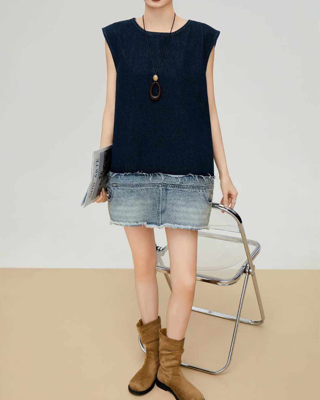Denim Docking Design Sleeveless Dress FER0354