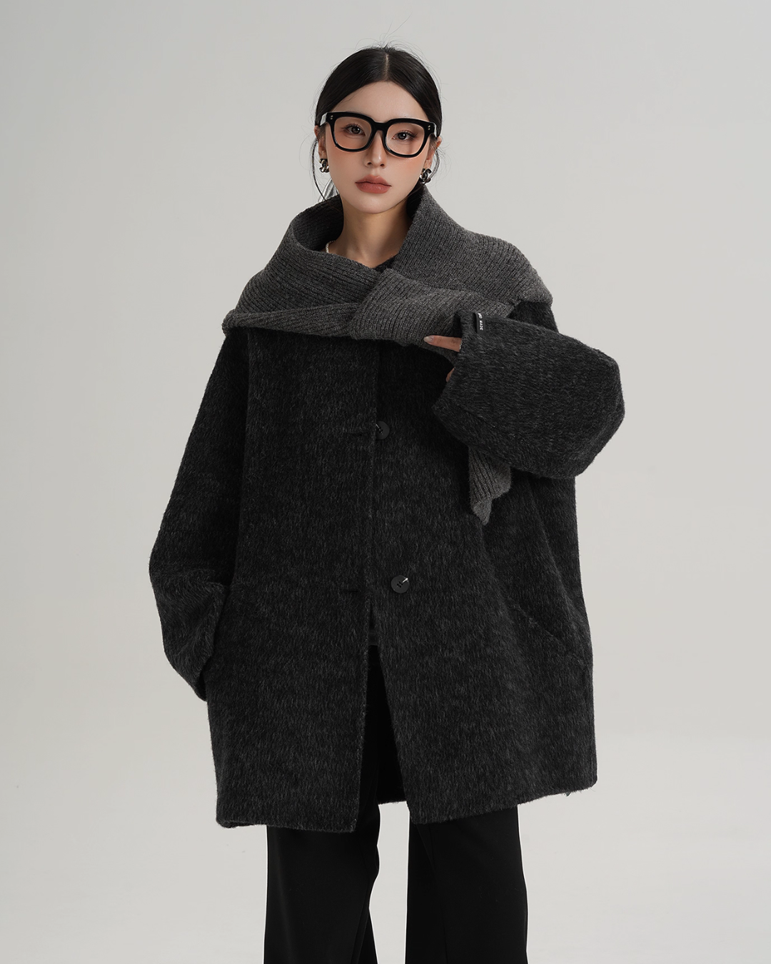 Hood Scarf Mid Length Wool Coat SRS0358