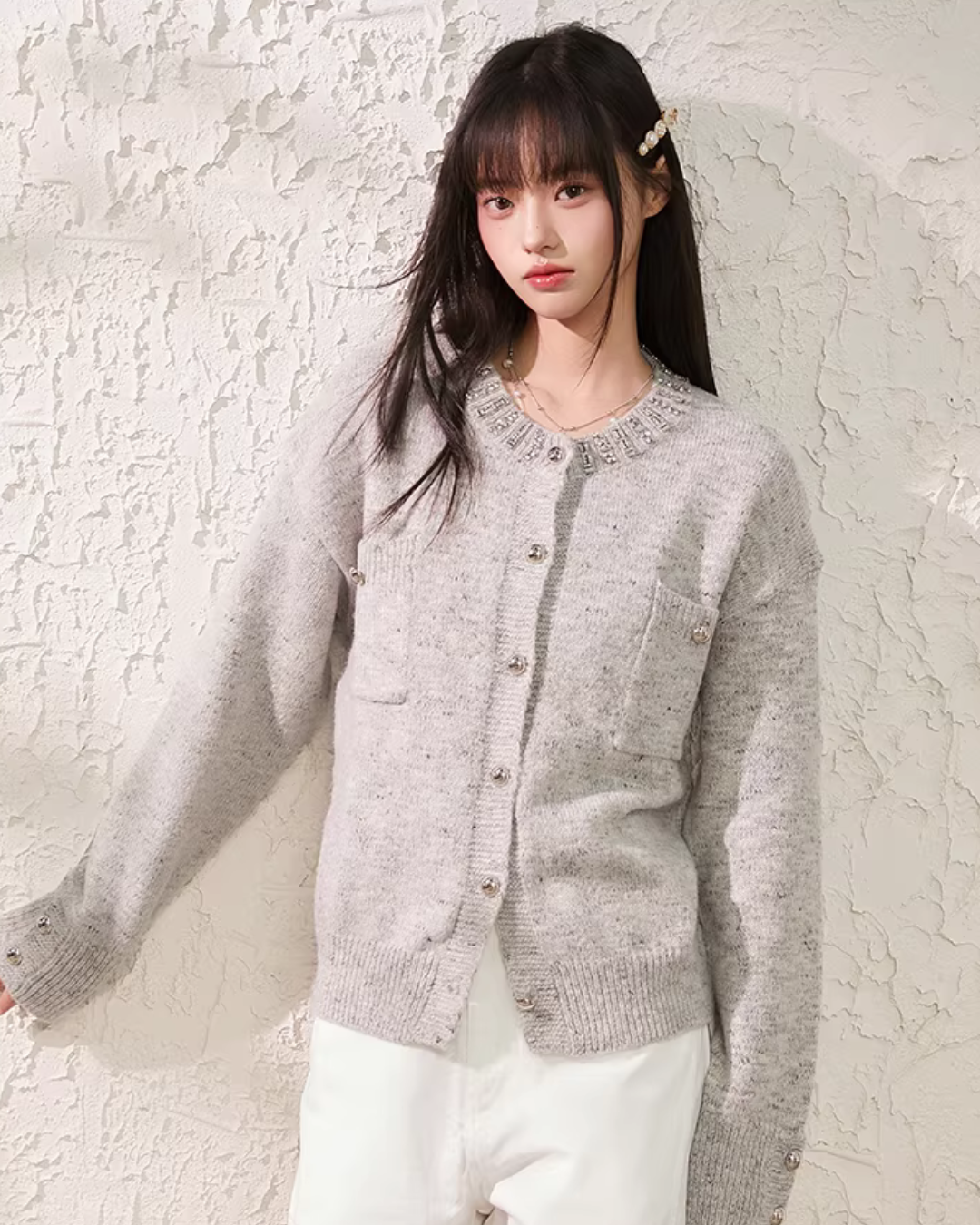 Speckled Rhinestone Knit Cardigan / Rhinestone Flash Jeans  KIP0010