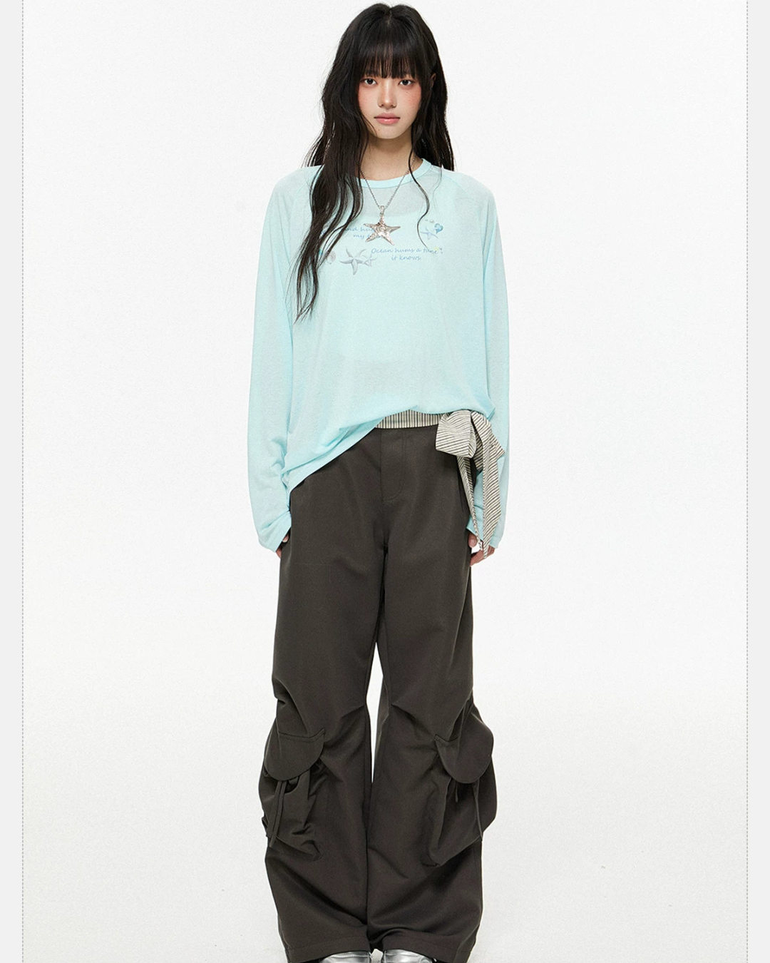 Gingham Sash Belt Wide Cargo Pants EZK0104