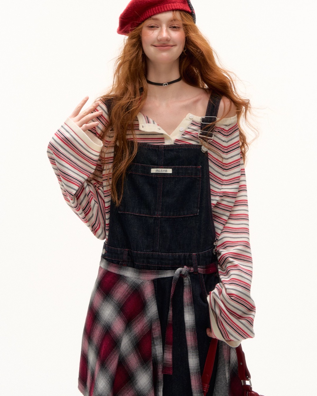 Half Button Border Top / Wide-Leg Denim Overalls ASG0053
