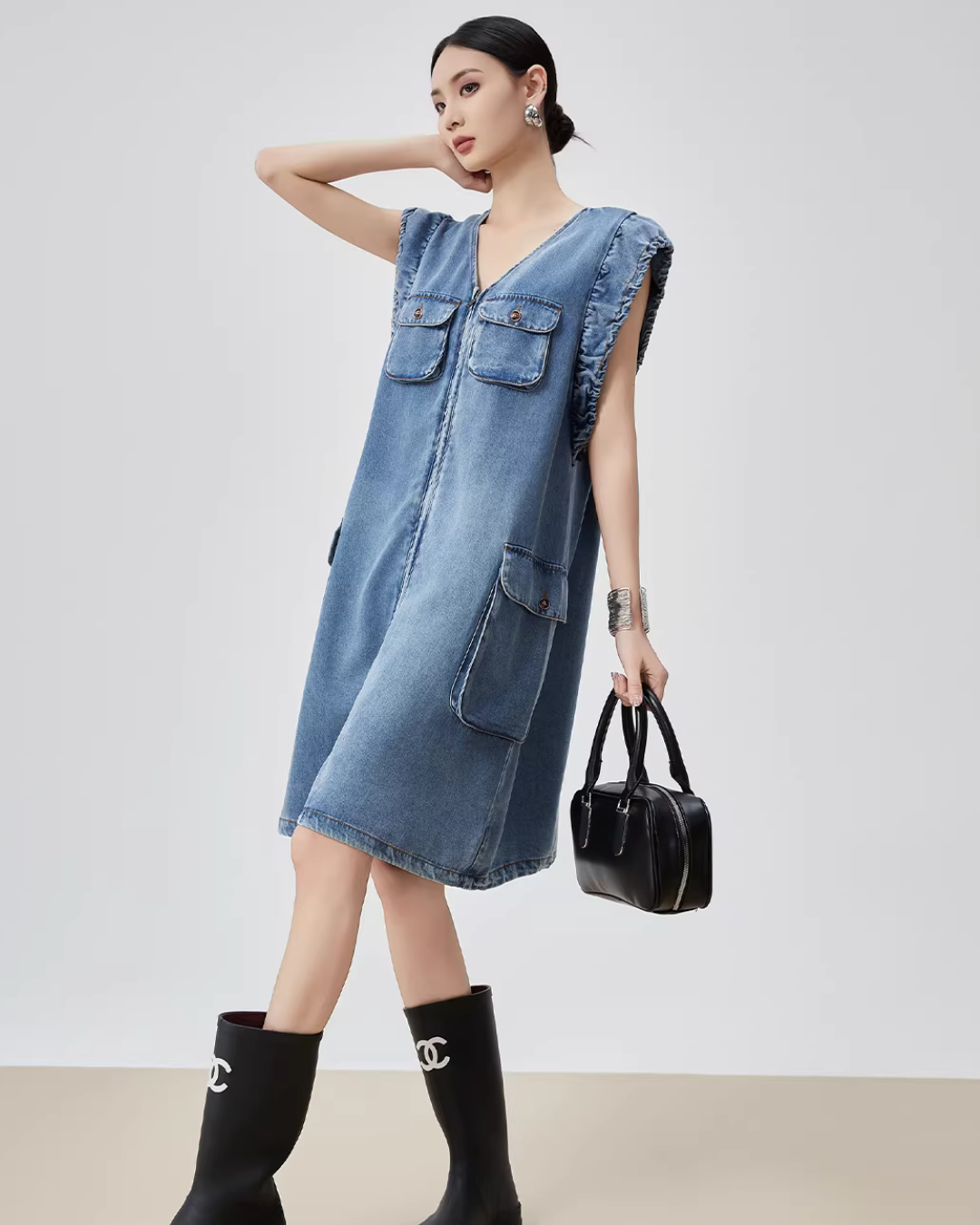V-Neck Sleeveless Denim Dress FER0115