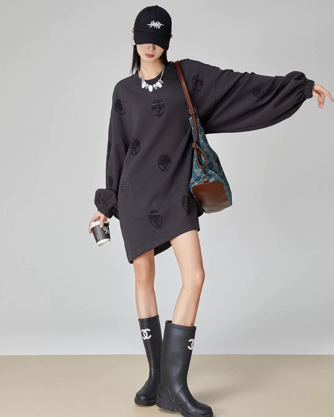 Black Rhinestone Sweatshirt Dress FER0068