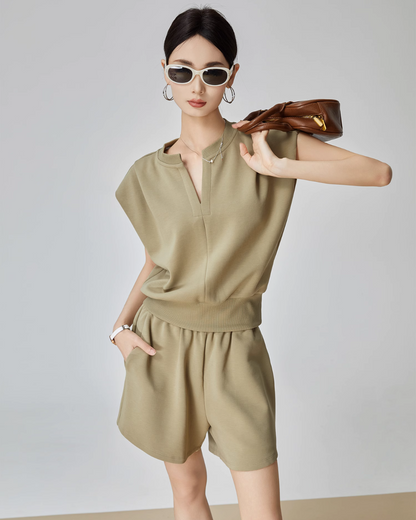 Khaki V-Neck Sleeveless Top / Shorts Set FER0004