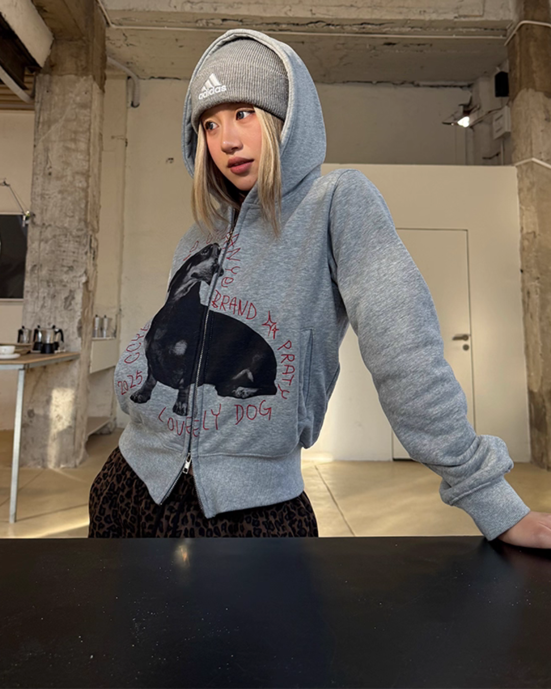 Dog Print Double Zip Hoodie CYE0066