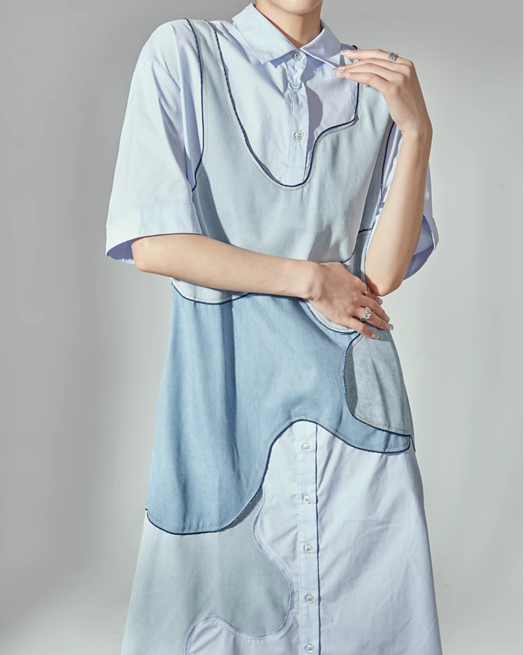 French Blue Patchwork Shirt Dress LLA0114