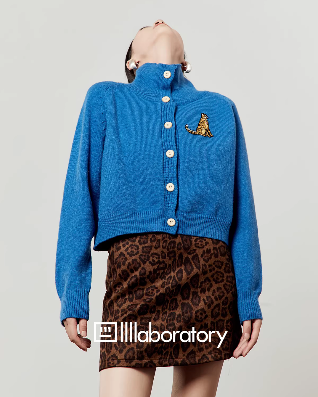 Stand Collar Knit Top / Leopard Print Mini Skirt LLA0587