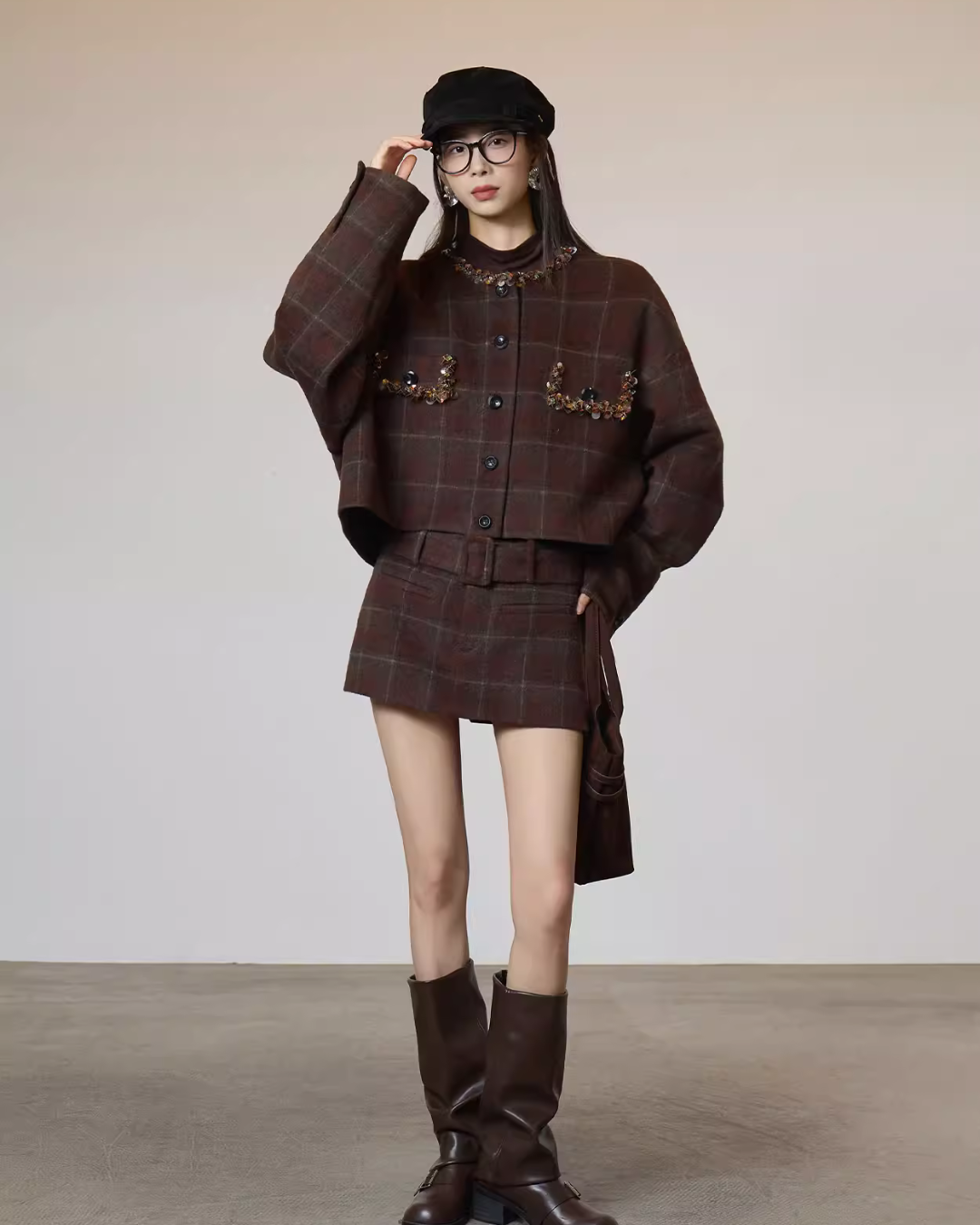Retro Plaid Collarless Jacket / Mini Skirt SUY0019