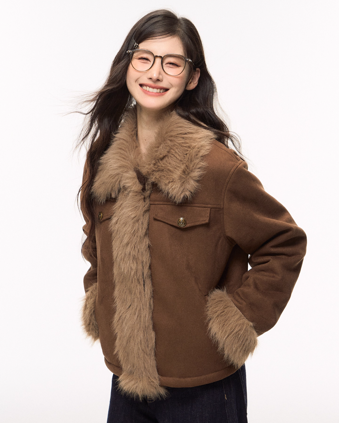 Brown Suede Jacket/Wide Denim Pants ELS0008