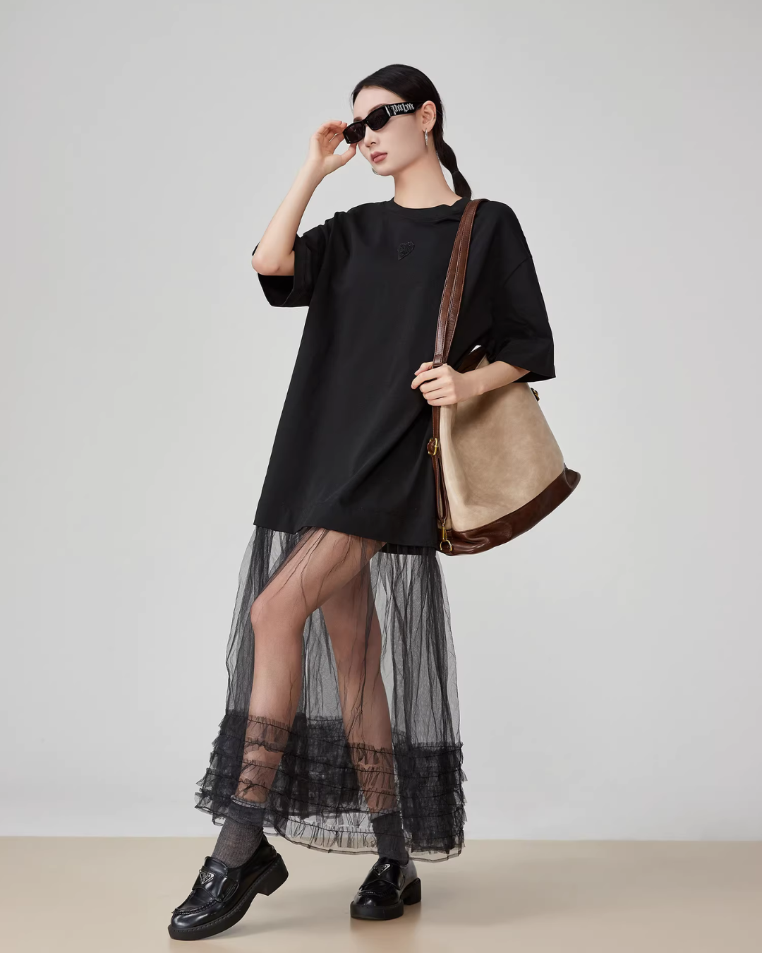 Black Patchwork Mesh T-Shirt Dress FER0055
