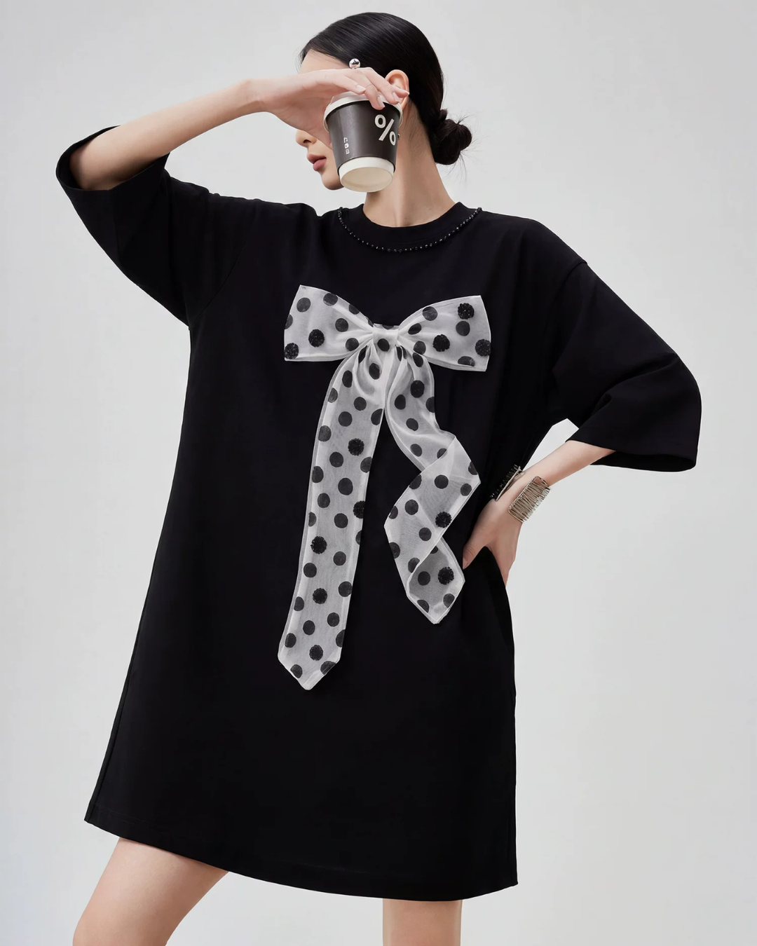 Dot Ribbon Docking Mini Dress FER0234