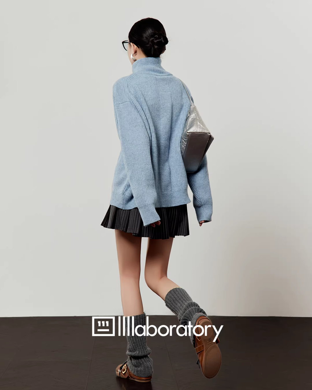 Stand Collar Knit Top / Striped Mini Skirt LLA0627