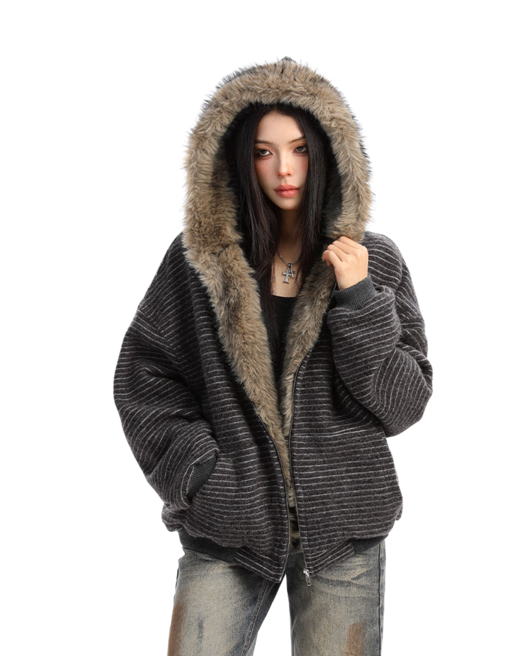 Inner Fur Thin Stripe Zip Hoodie BGS0032