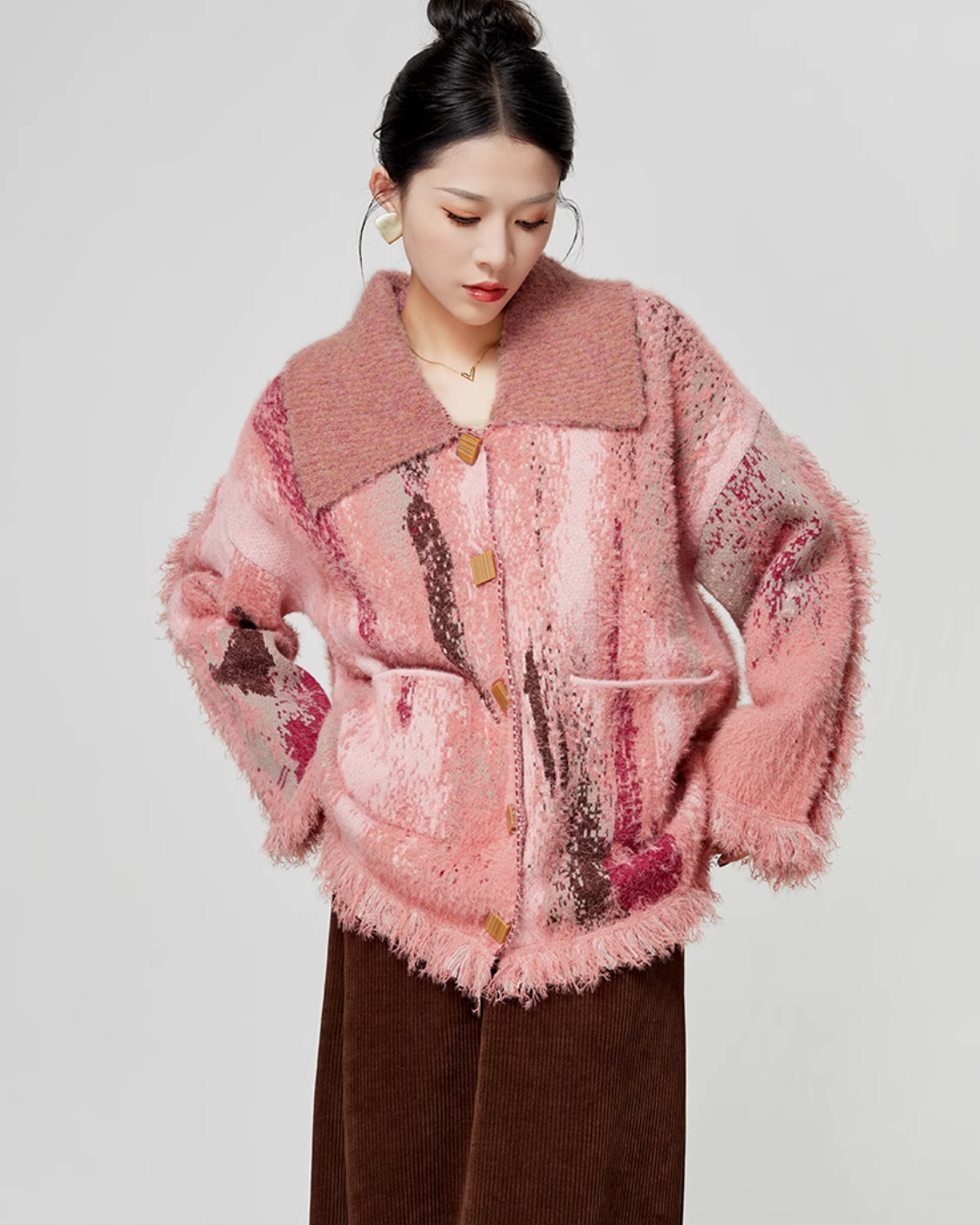 Pink Big Lapel Sweater Cardigan / Corduroy Long Skirt LLA0347