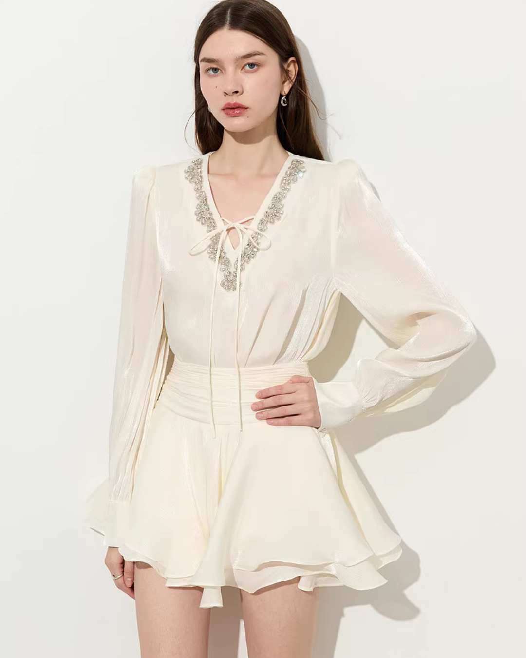 V-Neck Sparkly Sheer Top / Flared Mini Skirt DPY0079