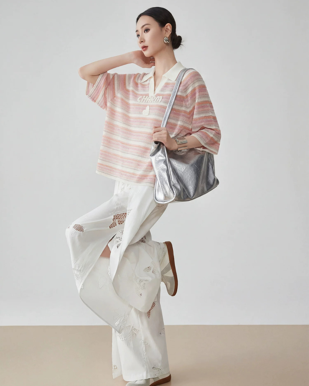 Sheer Border Pattern Polo Sweater FER0351