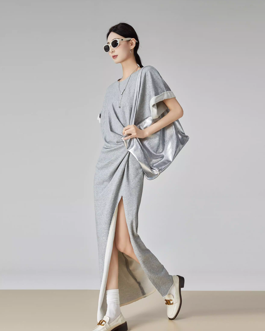 Gray Irregular Short-Sleeve Dress FER0049