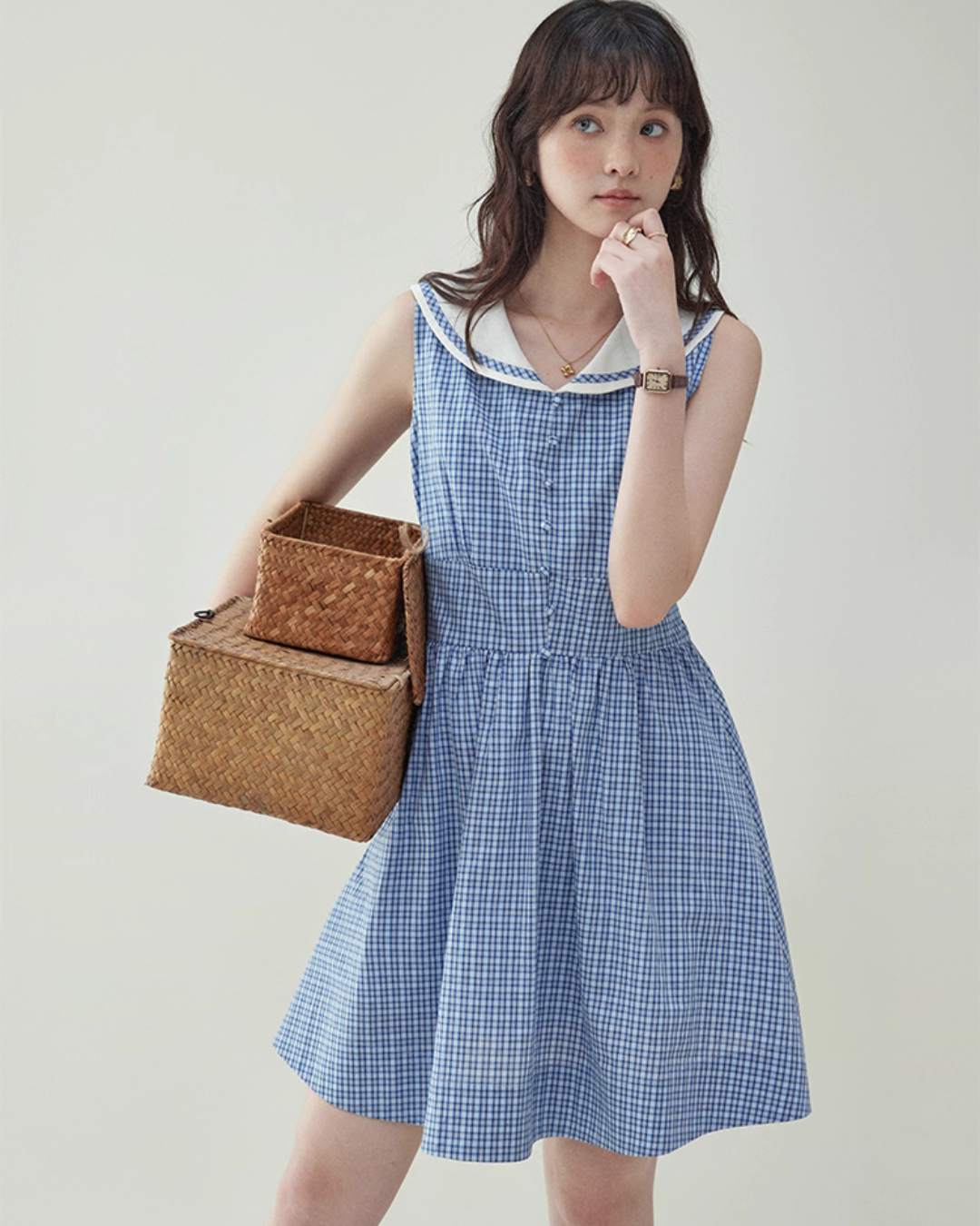 Blue Plaid Sleeveless Collar Dress AMU0031