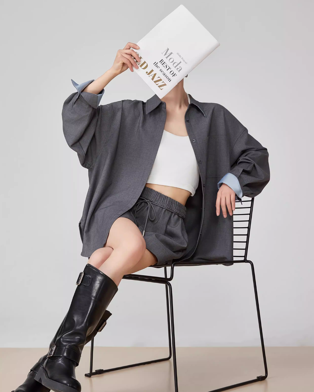 Gray Collared Long-Sleeve Shirt / Shorts FER0064