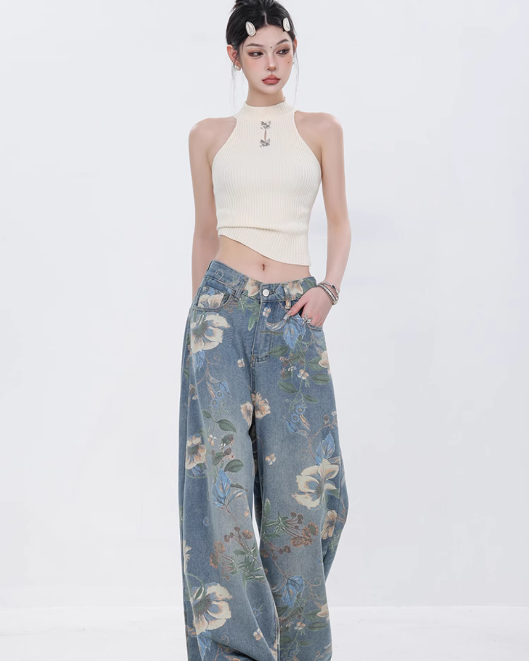 Flower Design Wide Denim Pants ABW0013