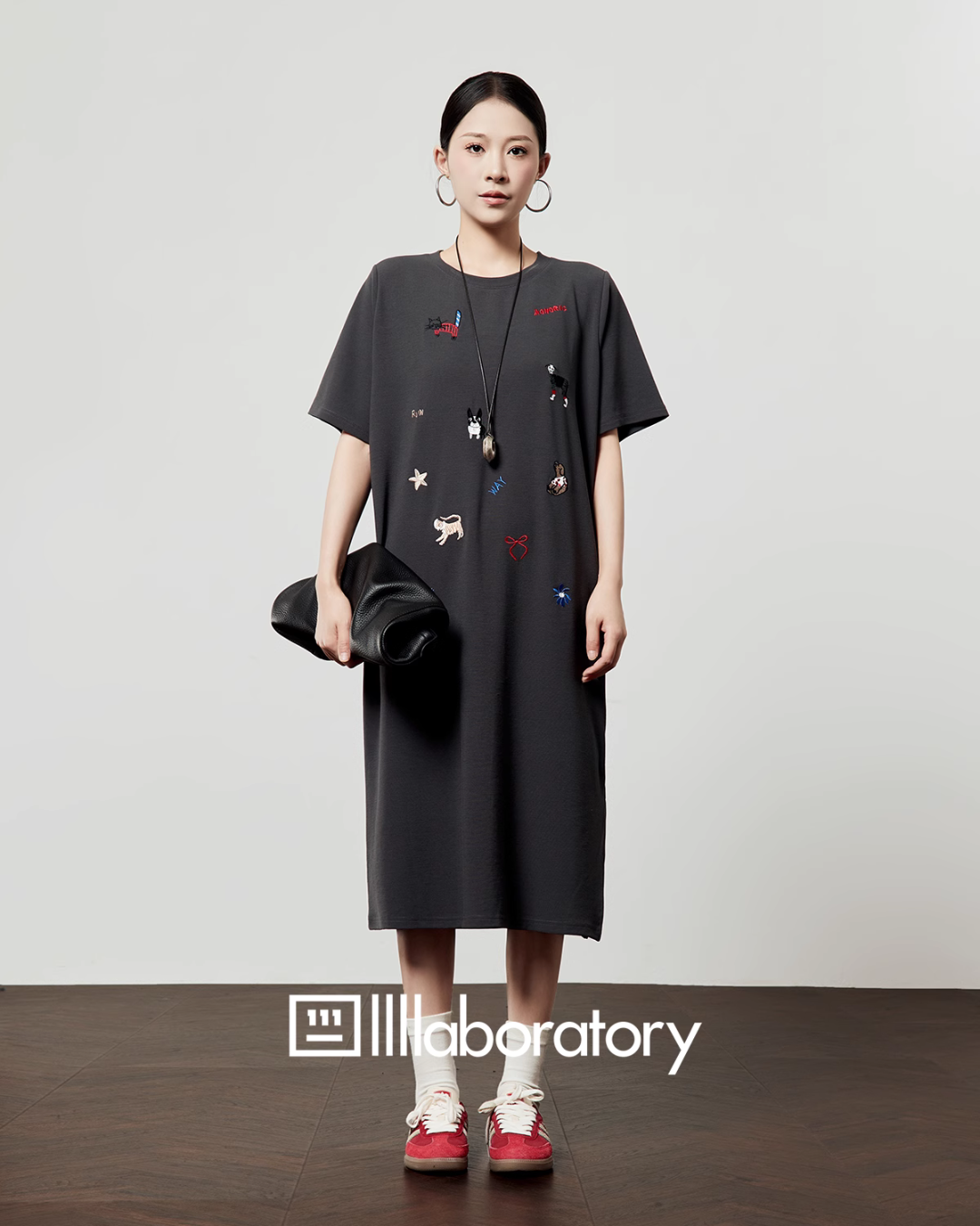 Dark Gray Animal Embroidery Dress LLA0487