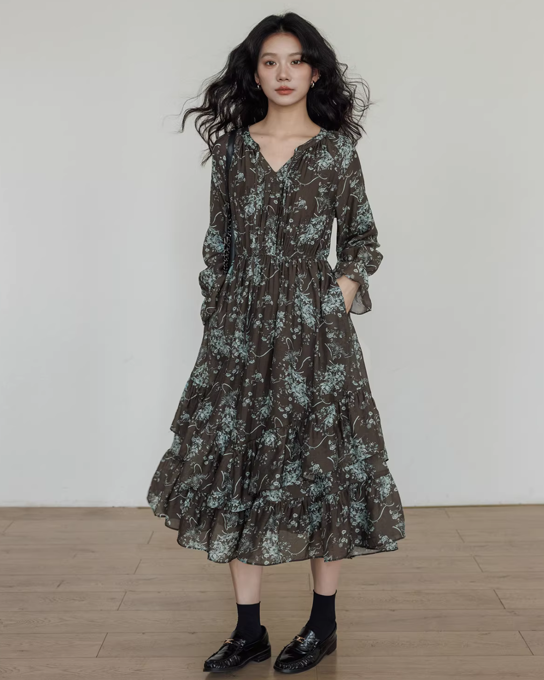 V-Neck Floral Vintage Shirt Dress VAS0192