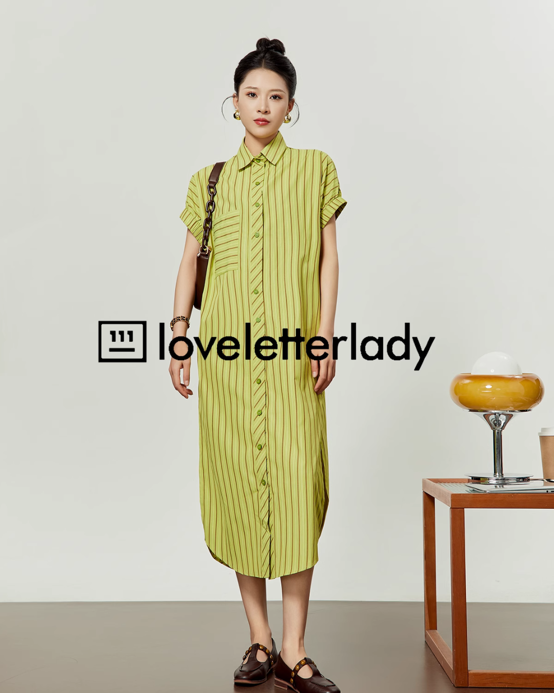 Yellow Green Striped Shirt Dress LLA0058