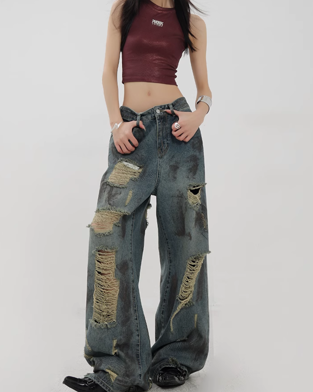 Vintage Damaged Wide Denim Pants KNH0003