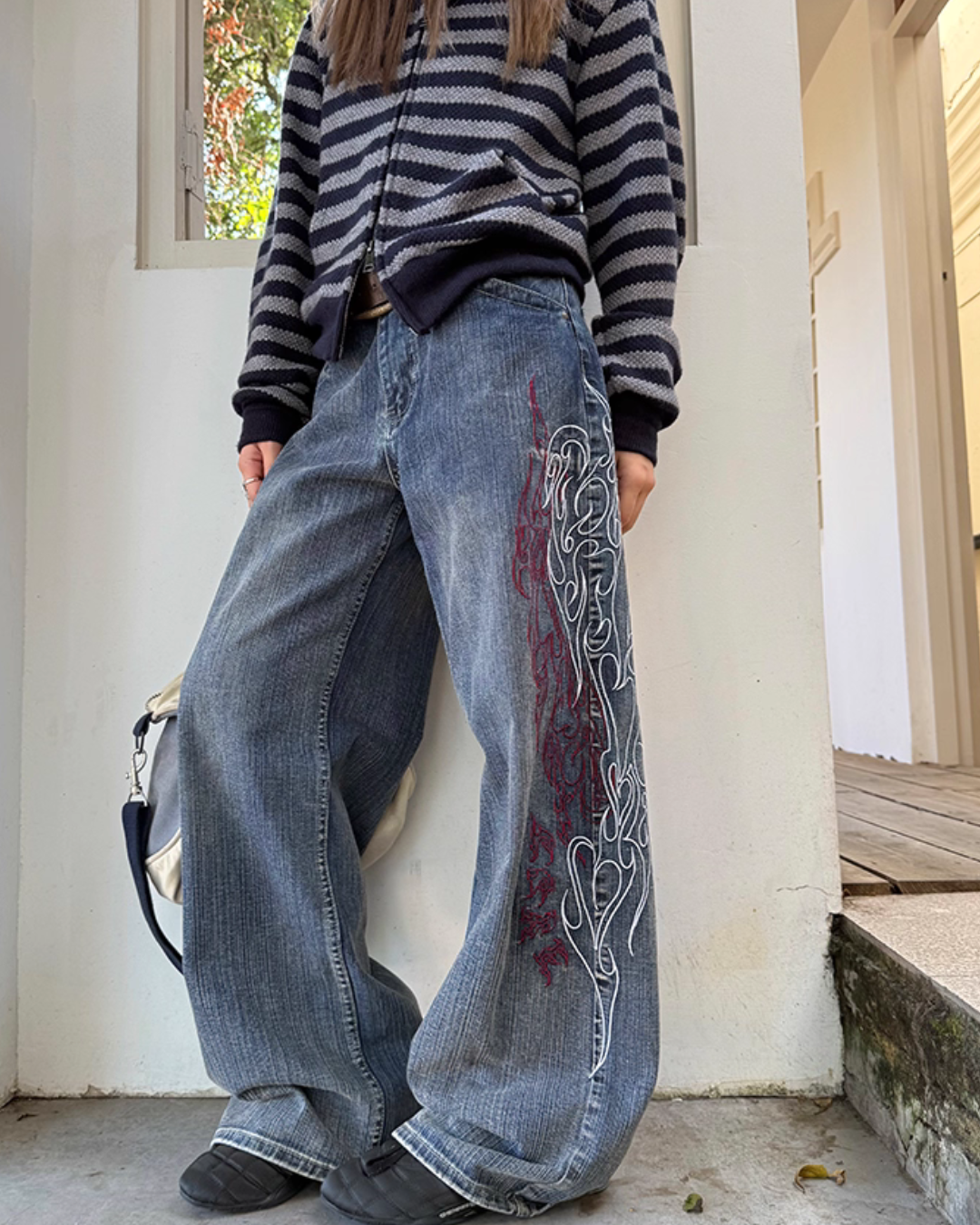 Retro Embroidered Bamboo Denim Pants CYE0048