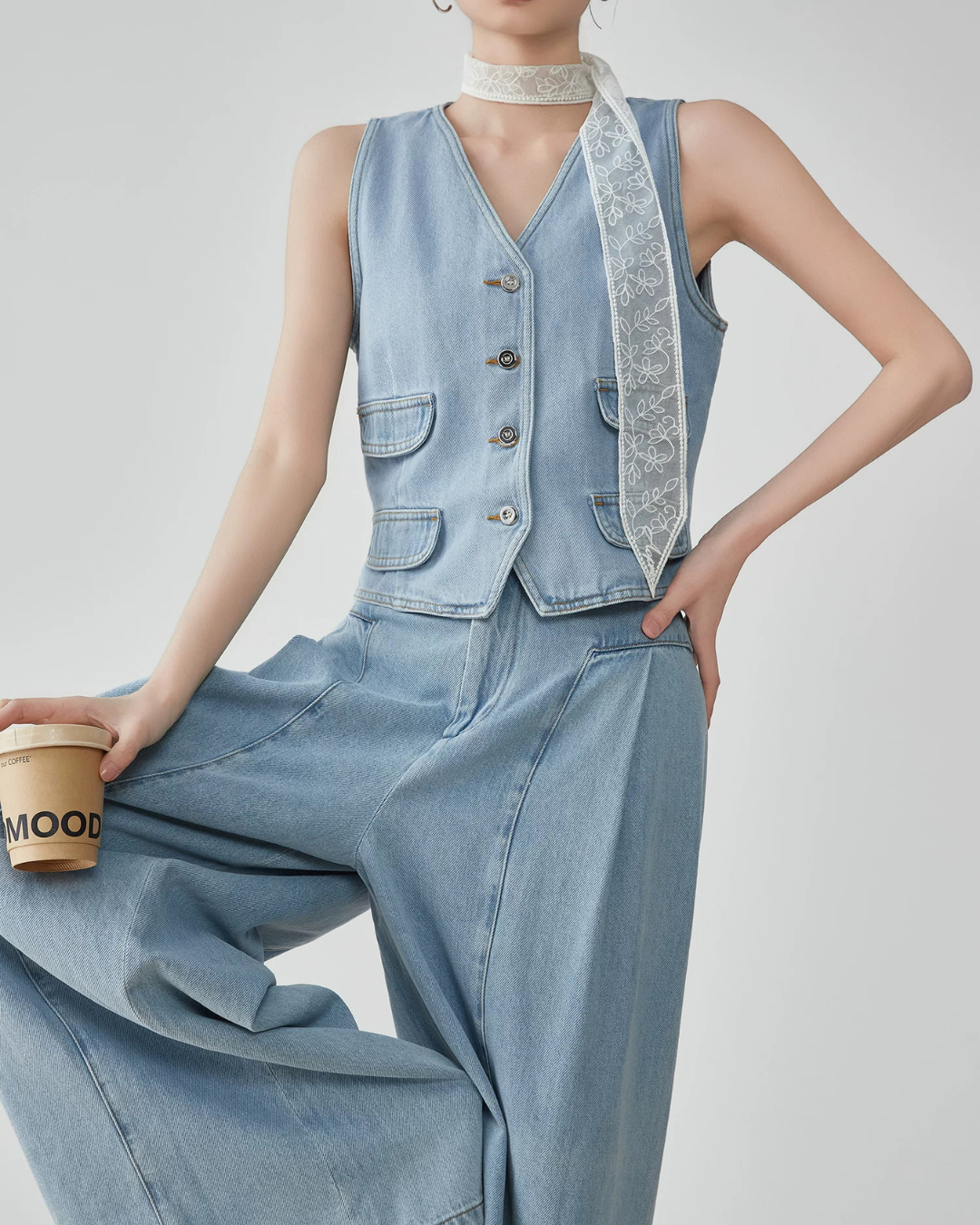 Denim V-neck Vest / Denim Wide Relaxed Pants FER0269