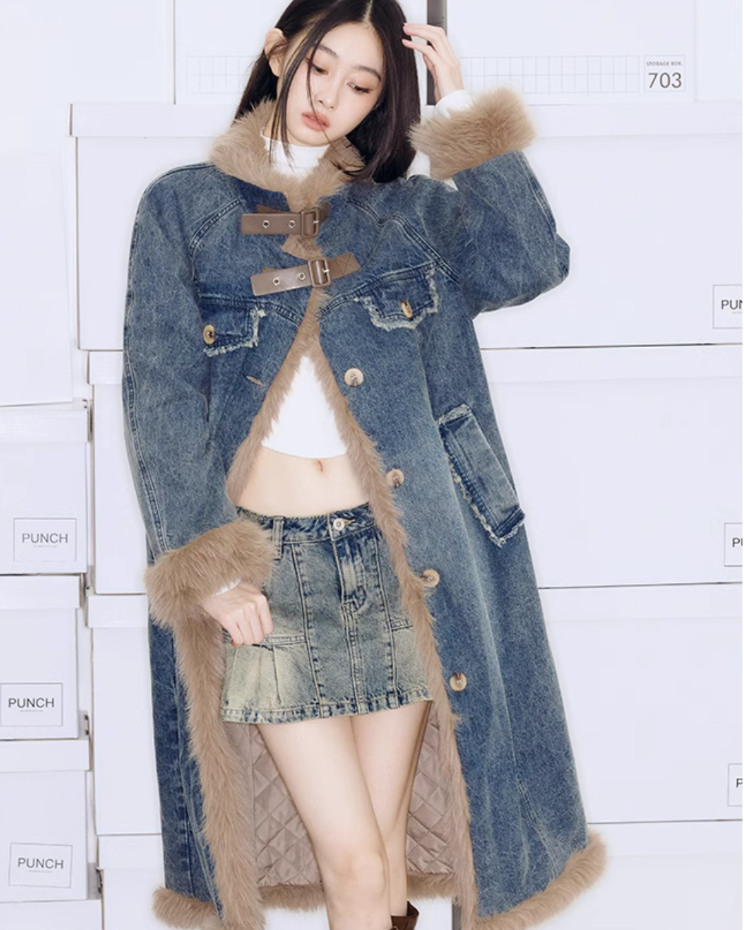 Inner Fur Denim Long Coat PUC0004