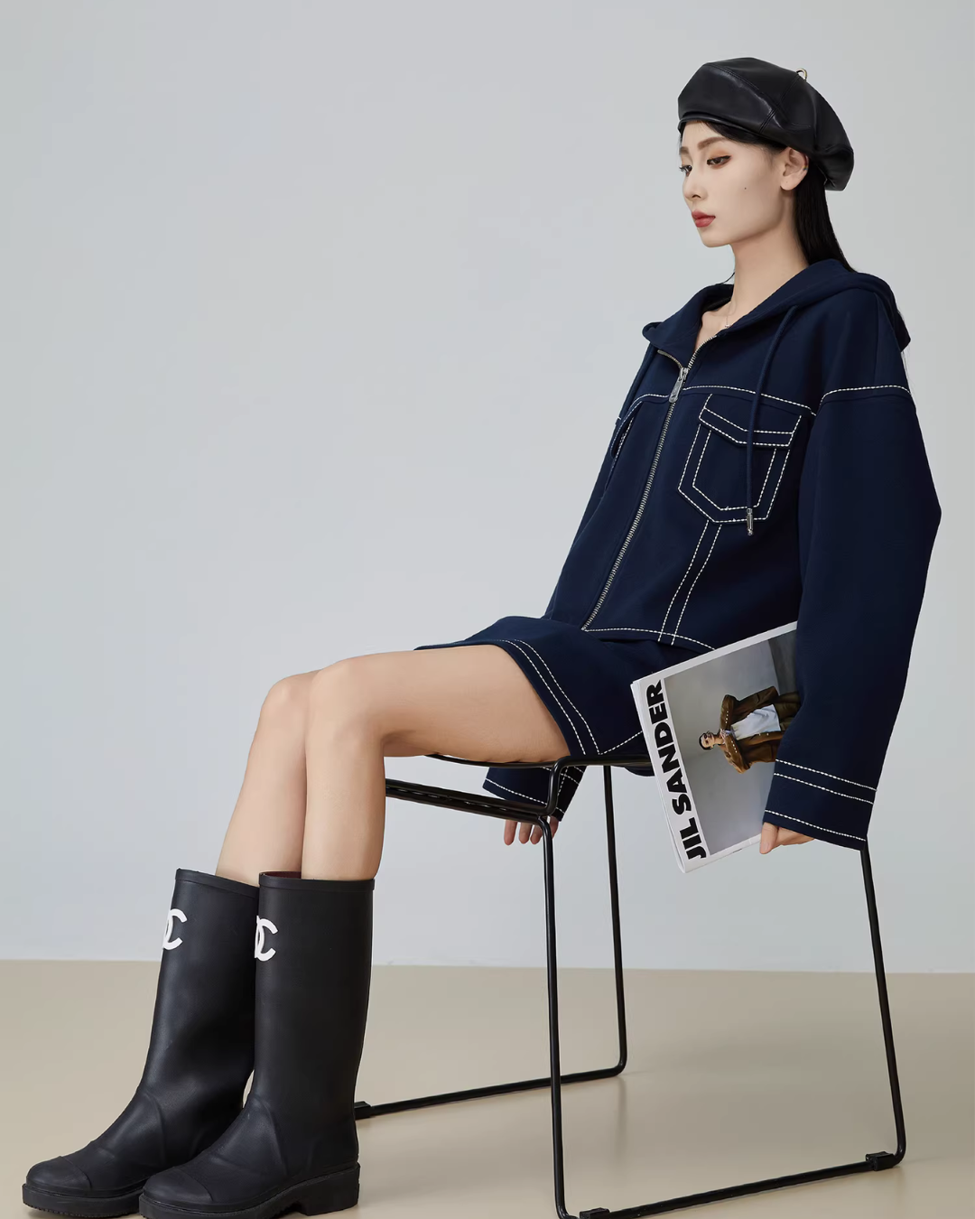 Denim-Style Zip Hoodie / Elastic Waist Mini Skirt FER0051