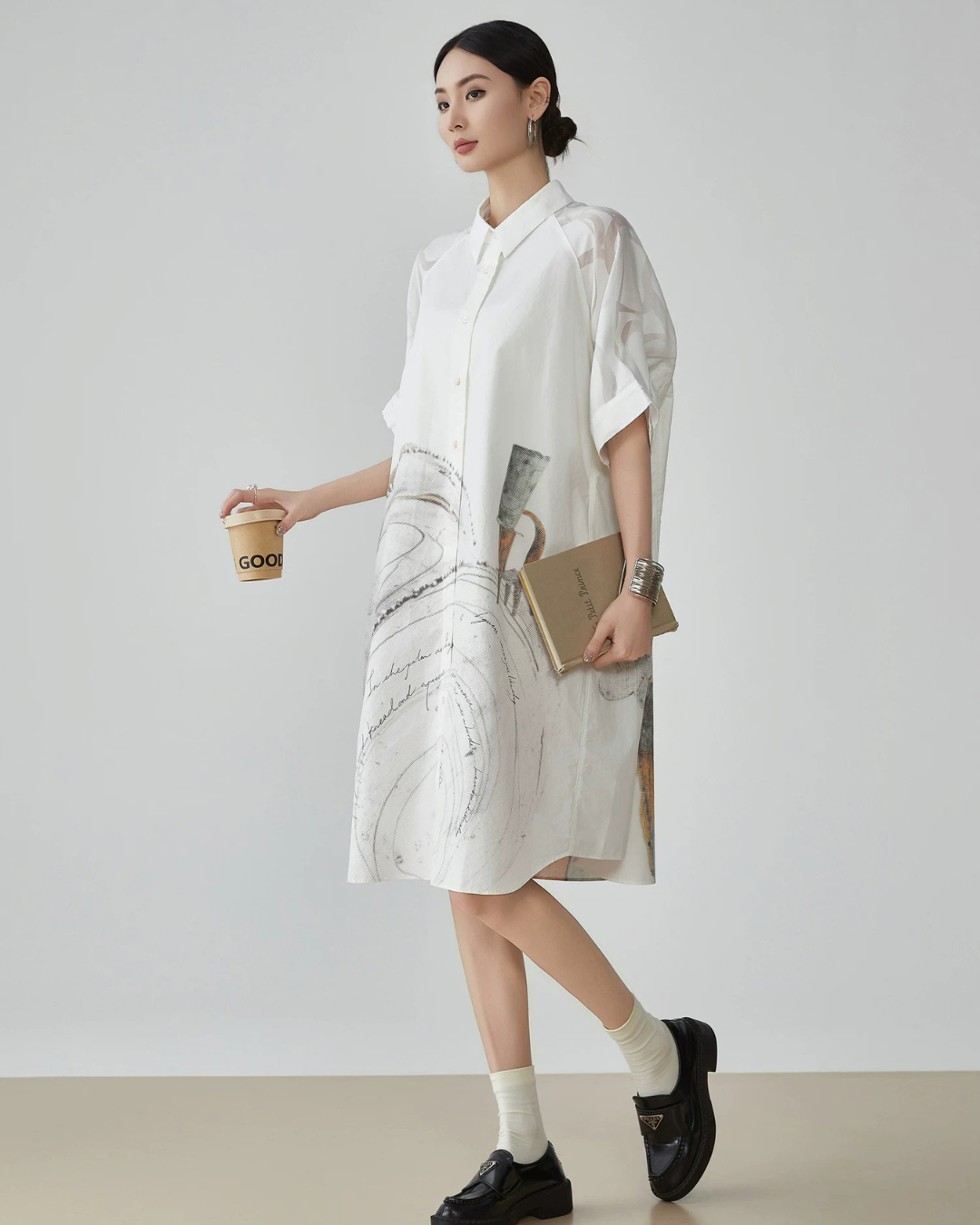 Hand-Drawn Art Print Shirt Dress FER0179