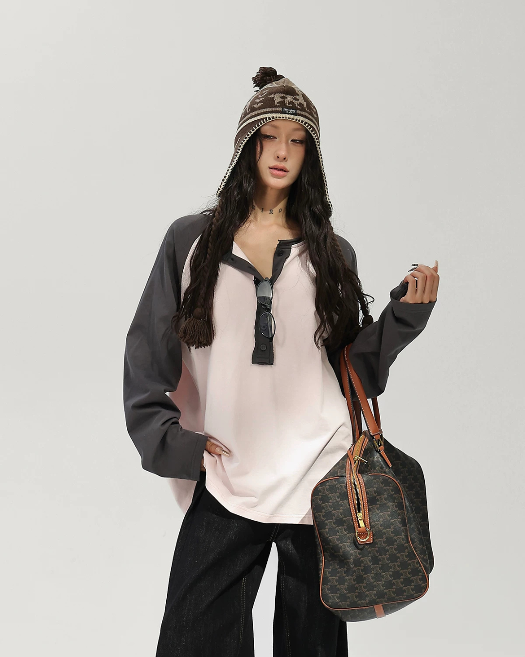 Henley Neck Raglan Sleeve Long-Sleeve T-Shirt ACS0382
