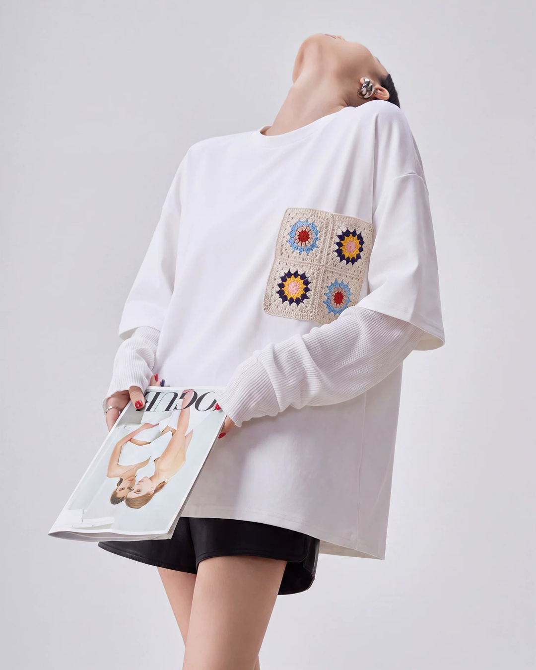 Crochet Flower Pocket Oversized Top FER0367