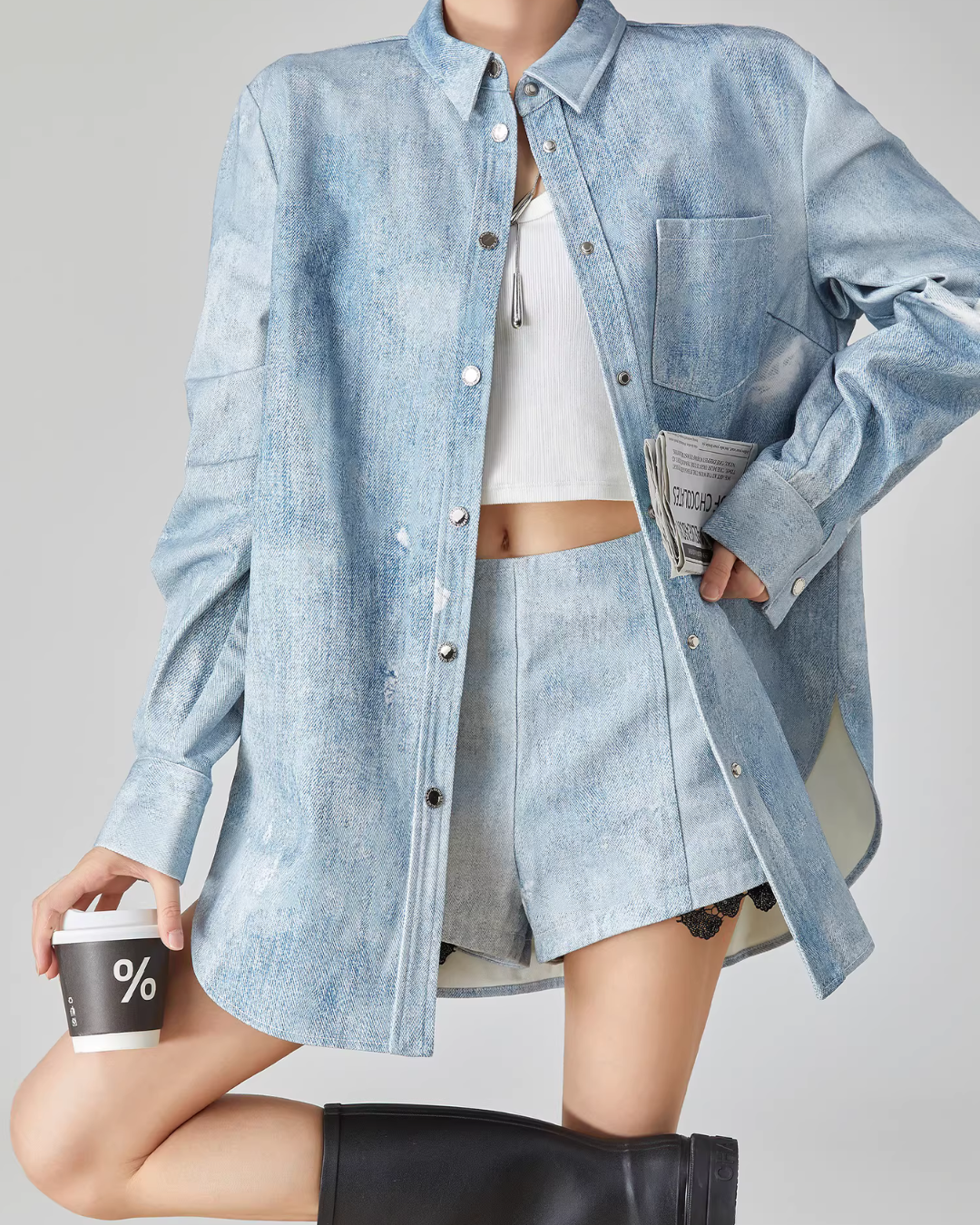 Denim Long-Sleeve Shirt / High-Waisted Shorts FER0076